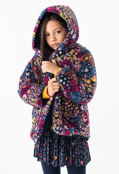 Reversible parka for girls with print and in navy blue