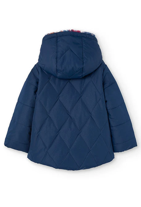 Reversible parka for girls with print and in navy blue