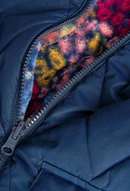 Reversible parka for girls with print and in navy blue