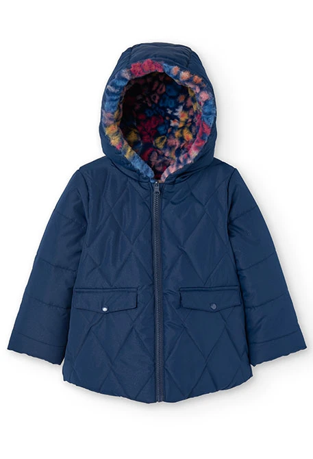 Reversible parka for girls with print and in navy blue