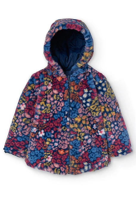 Reversible parka for girls with print and in navy blue