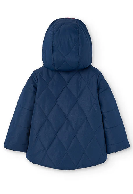 Reversible parka for girls with print and in navy blue