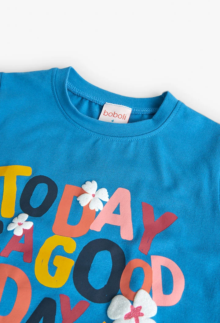 Knitted T-shirt for girls with blue letter print