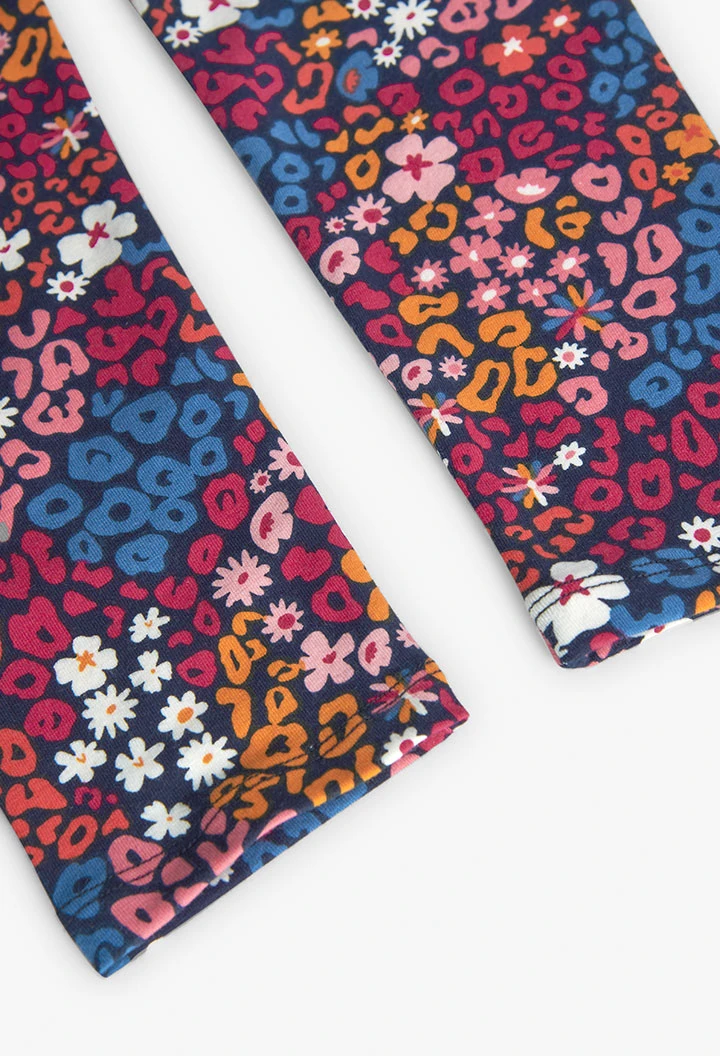 Elastic knit leggings for girls with a floral print