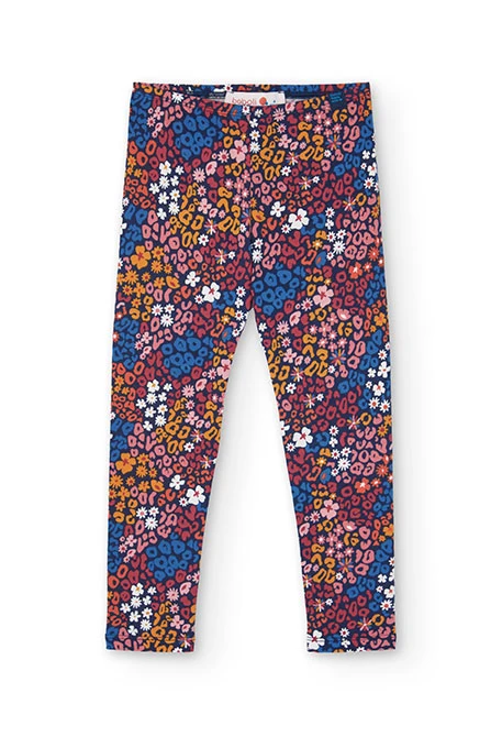 Elastic knit leggings for girls with a floral print