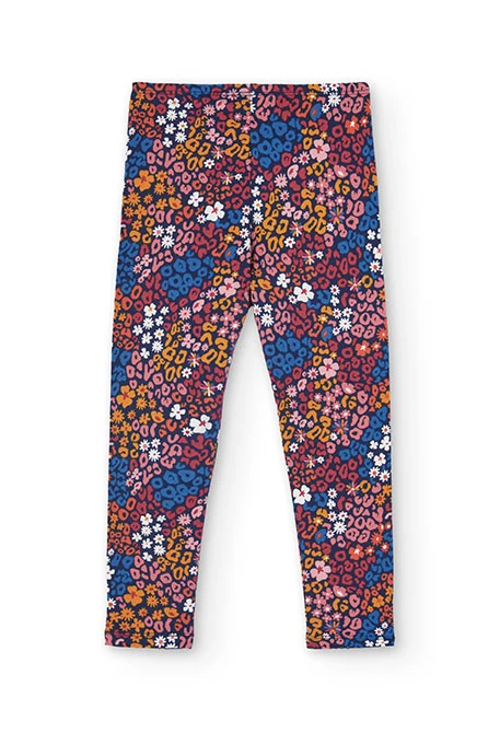 Elastic knit leggings for girls with a floral print