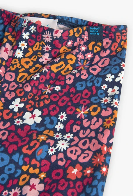 Elastic knit leggings for girls with a floral print