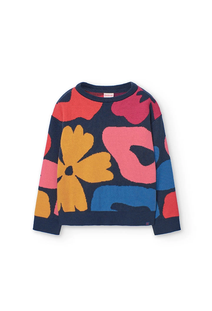 Knitted jumper for girls with floral print in navy blue