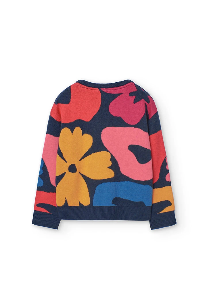 Knitted jumper for girls with floral print in navy blue