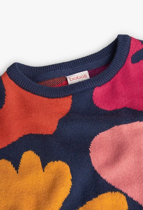 Maglione in tricot per bambina stampato con fiori in blu navy