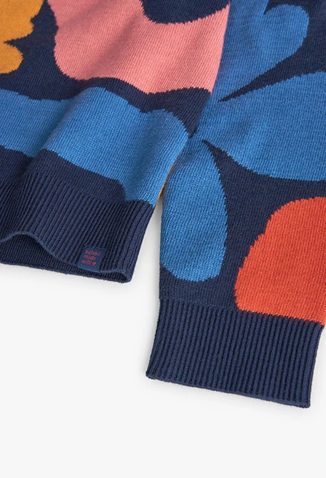 Maglione in tricot per bambina stampato con fiori in blu navy