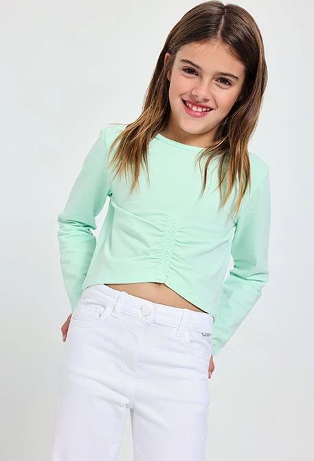 Camiseta elástica de punto para niña en color verde