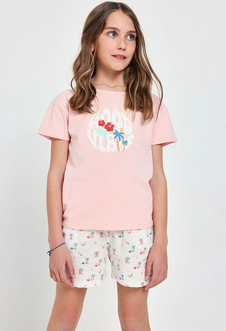 Short en batiste pour fille avec imprimé tropical dans des tons clairs.