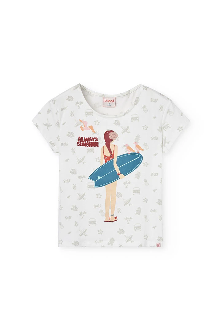 Maglietta a maglia per bambina di colore bianco con stampa da surfista