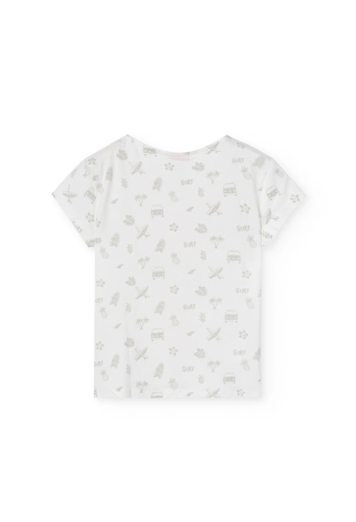Maglietta a maglia per bambina di colore bianco con stampa da surfista