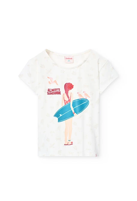 Camiseta de punto para niña en color blanca estampado surfista