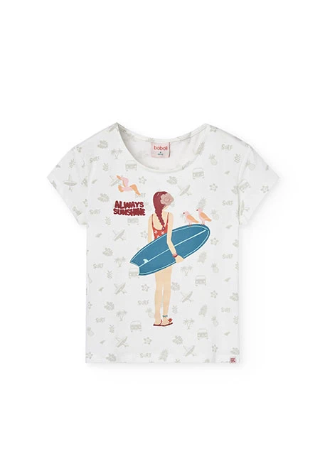 Camiseta de punto para niña en color blanca estampado surfista