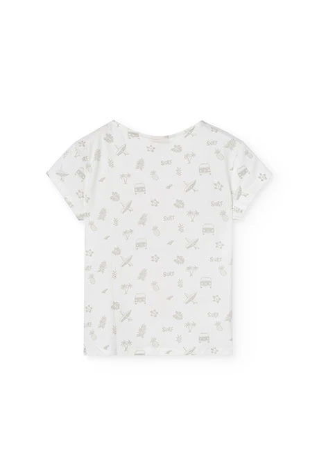 Maglietta a maglia per bambina di colore bianco con stampa da surfista