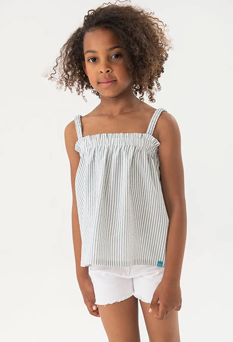 Top in popeline per bambina a righe blu e bianche.