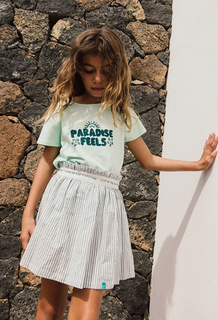 Saia de popelina para menina às riscas em azul e branco