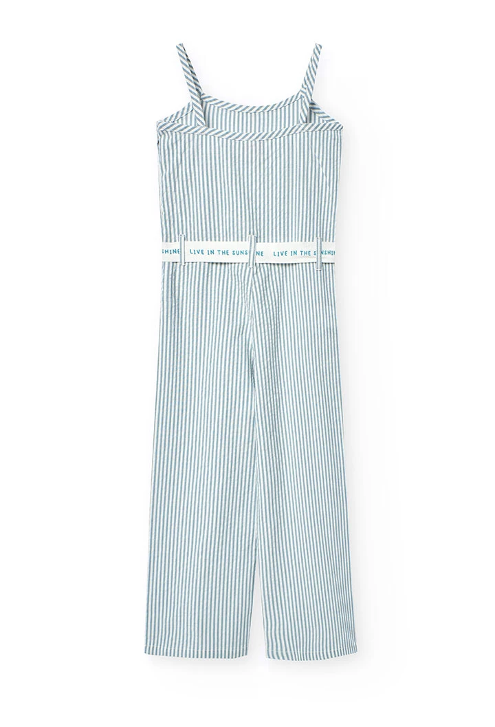 Tuta in popeline per bambina a righe in blu e bianco.