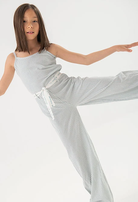 Girl's poplin jumpsuit with blue and white stripes