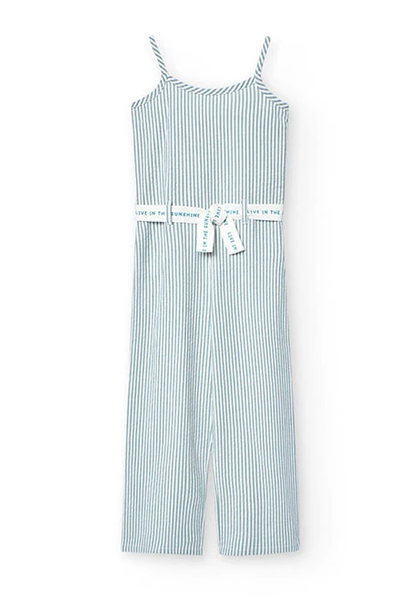 Girl's poplin jumpsuit with blue and white stripes