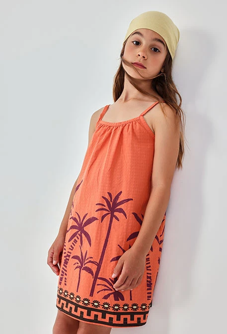 Orange palm tree poplin dress