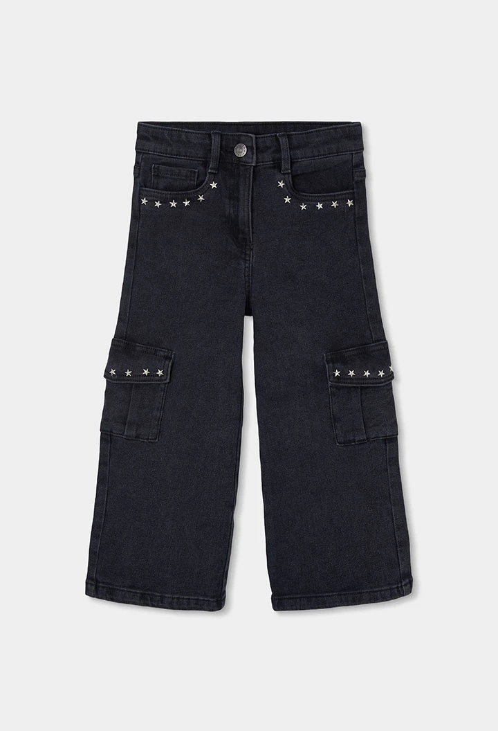 Pantalón denim cargo niña negro con estrellas