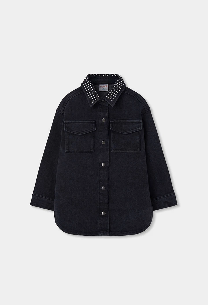 Vestido denim preto com gola de lantejoulas