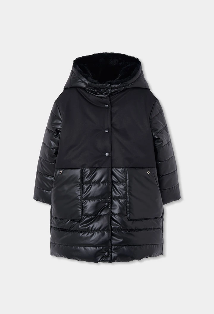 Technisches Strickgewebe Parka für Mädchen in Schwarz mit Kapuze