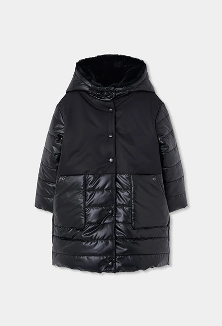 Parka tejido técnico niña negra con capucha