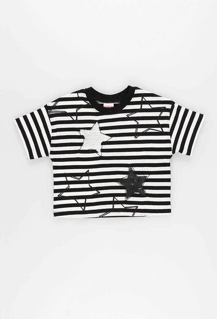 Girl\'s striped black knit T-shirt with stars