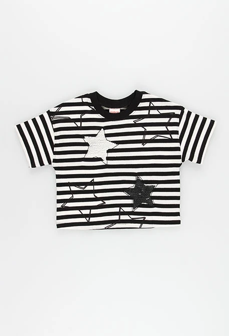 Camiseta punto niña listada negra con estrellas