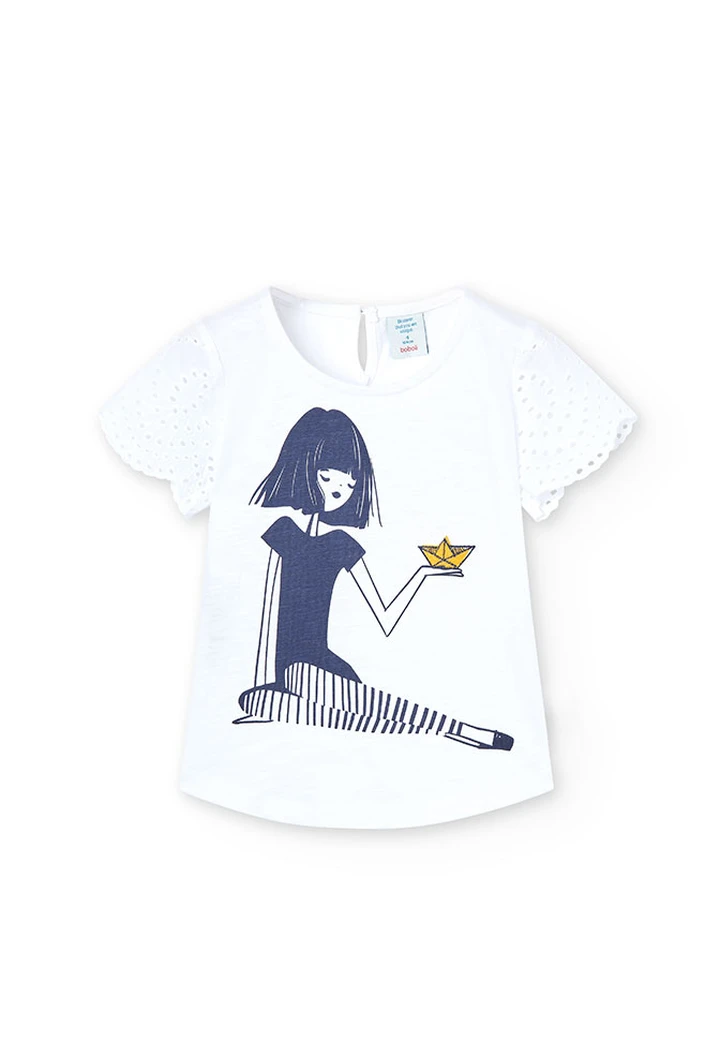 T-shirt à tricoté maille combinée pour fille, couleur blanche