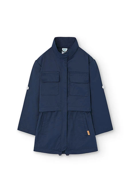 Girl's technical fabric trench coat in navy blue