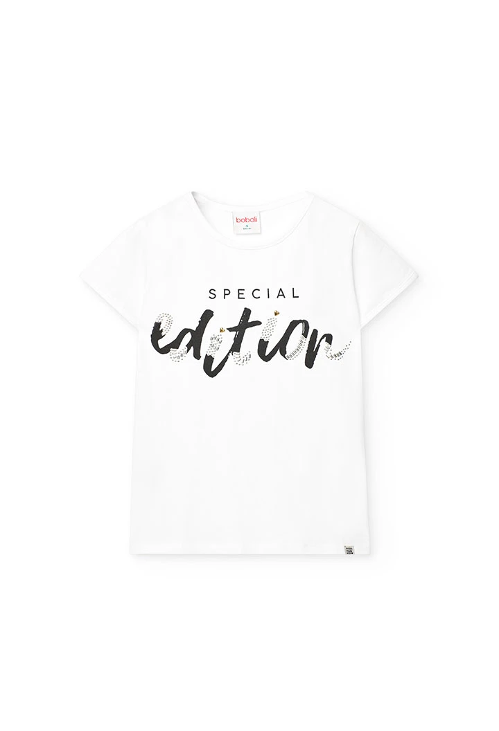 Maglietta di maglia elastica per bambina di colore bianco