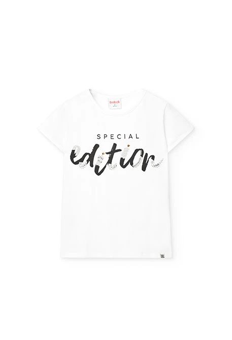 Camiseta de punto elástico para niña en color blanco