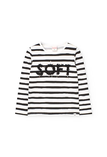 T-shirt de malha para menina com design de riscas em preto e branco