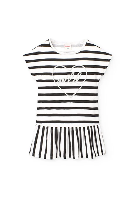 Vestido de malha para menina com design às riscas em branco e preto