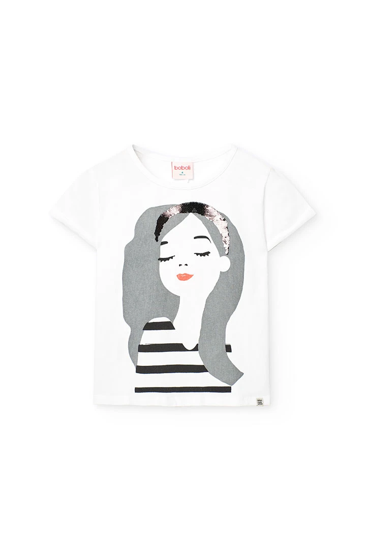 T-shirt de malha para menina em branco com estampado de menina