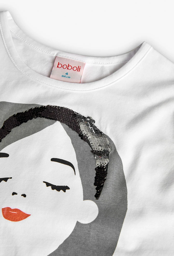 Maglietta di maglia per bambina di colore bianco con stampa di bambina.
