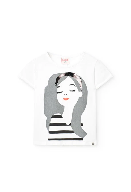 T-shirt de malha para menina em branco com estampado de menina