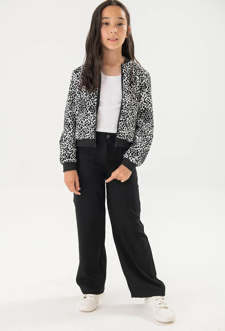 Knitted jacket for girl in black and white print