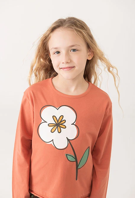 T-shirt fille coton fleur orange