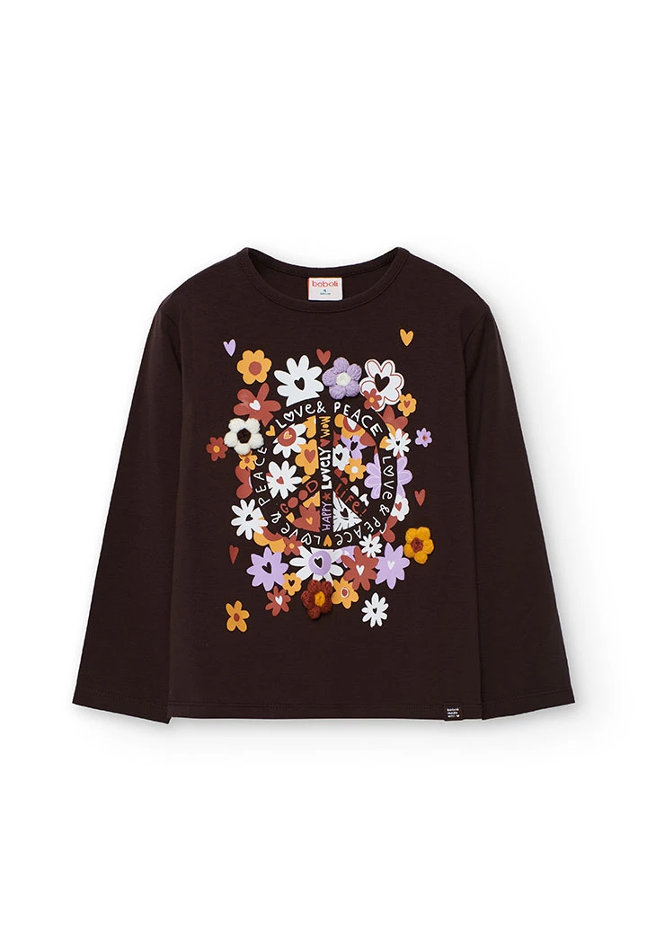Mädchen-T-Shirt aus braunem Strick mit Blumen