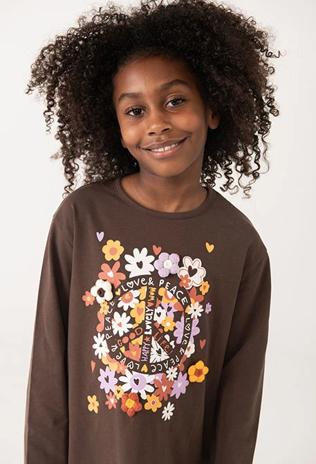 Camiseta niña de punto marrón flores