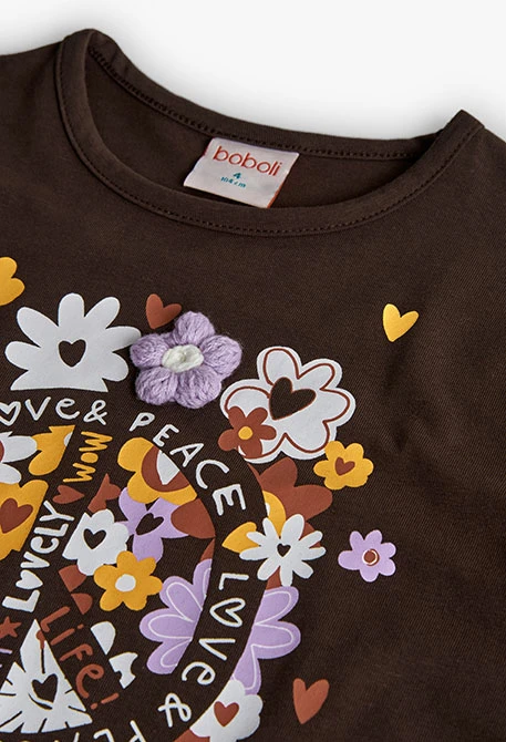 Camisola menina de malha castanha flores