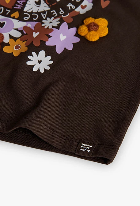 Camiseta niña de punto marrón flores
