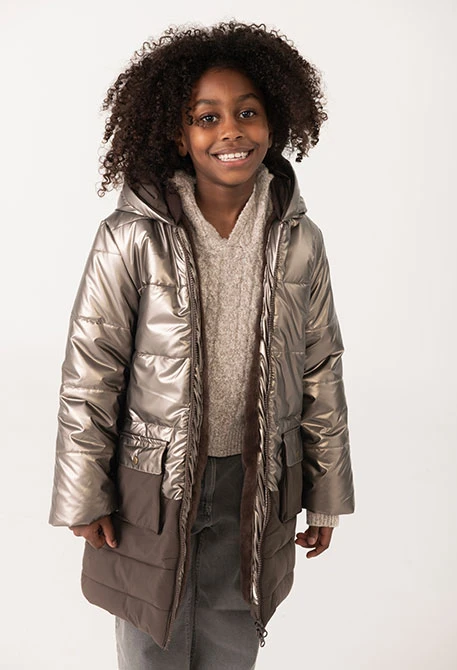 Brown technical fabric parka for girls
